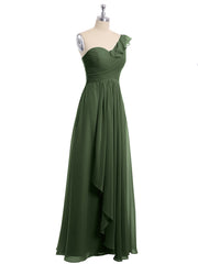Long Chiffon Dress with One Ruffle Shoulder Olive Green