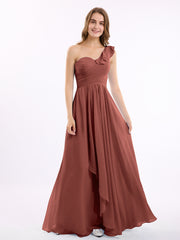 Long Chiffon Dress with One Ruffle Shoulder Terracotta