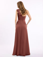 Long Chiffon Dress with One Ruffle Shoulder Terracotta