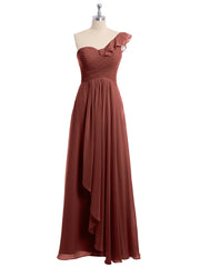 Long Chiffon Dress with One Ruffle Shoulder Terracotta