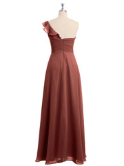 Long Chiffon Dress with One Ruffle Shoulder Terracotta