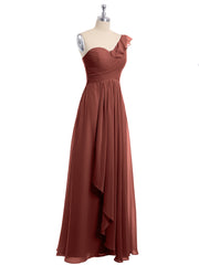 Long Chiffon Dress with One Ruffle Shoulder Terracotta