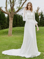 3/4-Length Beaded A-Line Lace Wedding Dress Ivory