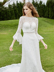 3/4-Length Beaded A-Line Lace Wedding Dress Ivory
