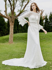 3/4-Length Beaded A-Line Lace Wedding Dress Champagne