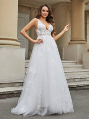 A-Line Lace Appliqued Tulle Wedding Dress Champagne