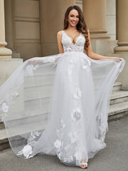 A-Line Lace Appliqued Tulle Wedding Dress White