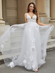 A-Line Lace Appliqued Tulle Wedding Dress Champagne