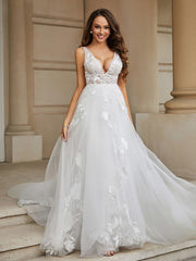 A-Line Lace Appliqued Tulle Wedding Dress Champagne