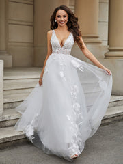 A-Line Lace Appliqued Tulle Wedding Dress Champagne