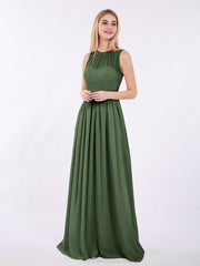 Chiffon Illusion Neck Maxi Gowns Of Bridesmaids Olive Green