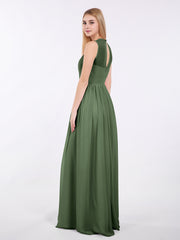 Chiffon Illusion Neck Maxi Gowns Of Bridesmaids Olive Green