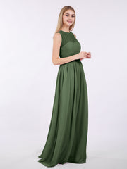 Chiffon Illusion Neck Maxi Gowns Of Bridesmaids Olive Green