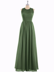 Chiffon Illusion Neck Maxi Gowns Of Bridesmaids Olive Green