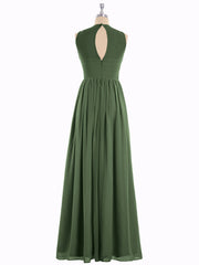 Chiffon Illusion Neck Maxi Gowns Of Bridesmaids Olive Green