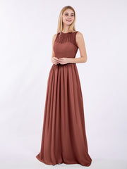 Chiffon Illusion Neck Maxi Gowns Of Bridesmaids Terracotta