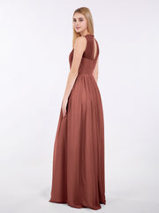 Chiffon Illusion Neck Maxi Gowns Of Bridesmaids Terracotta