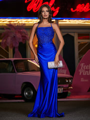 Square Sweep Train Appliqued Jersey Gown Royal Blue Plus Size