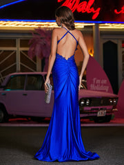Square Sweep Train Appliqued Jersey Gown Royal Blue Plus Size