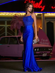 Square Sweep Train Appliqued Jersey Gown Royal Blue Plus Size