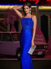 Square Sweep Train Appliqued Jersey Gown Royal Blue Plus Size