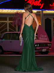 Square Sweep Train Appliqued Jersey Gown Dark Green