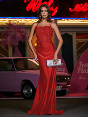 Square Sweep Train Appliqued Jersey Gown Red Plus Size