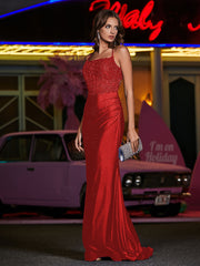 Square Sweep Train Appliqued Jersey Gown Red Plus Size