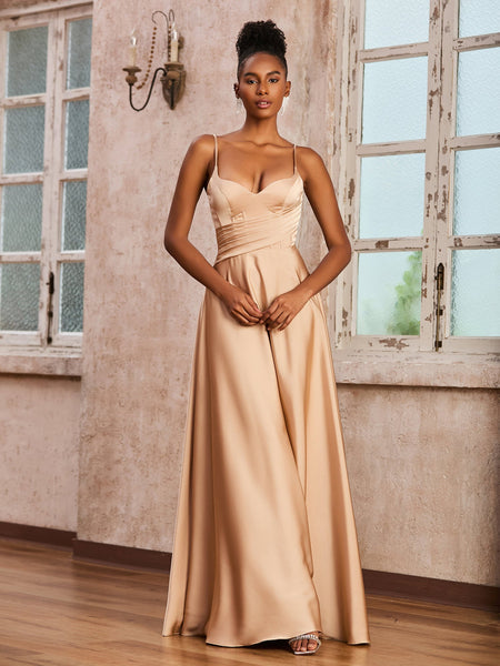 champagne stretch satin bridesmaid dresses BABARONI A-line V-neck Spaghetti Straps Floor-length With Slit – BABARONI UK champagne gold satin bridesmaid dresses Off The Shoulder Chiffon Indigo8140525 Sheath Fabric Color:Ecru