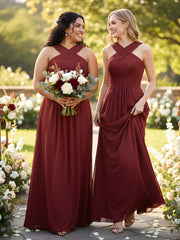 Cross Shoulder Strap Chiffon Dress with Empire Waist Burgundy