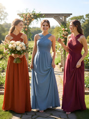 Cross Shoulder Strap Chiffon Dress with Empire Waist Burgundy