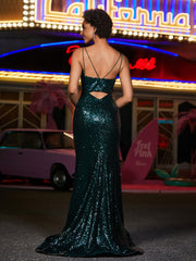 Spaghetti Straps Sheath Sequin Prom Dresses Dark Green Plus Size