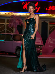Spaghetti Straps Sheath Sequin Prom Dresses Dark Green Plus Size