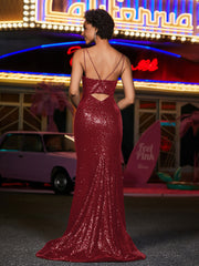 Spaghetti Straps Sheath Sequin Prom Dresses Burgundy Plus Size
