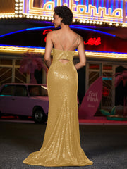 Spaghetti Straps Sheath Sequin Prom Dresses Gold Plus Size