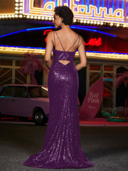 Spaghetti Straps Sheath Sequin Prom Dresses Grape Plus Size