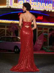 Spaghetti Straps Sheath Sequin Prom Dresses Red