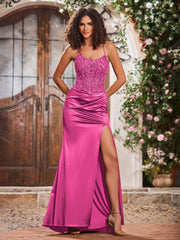 Spaghetti Straps Corset Bodice Stretch Satin Gowns With Slit Azalea