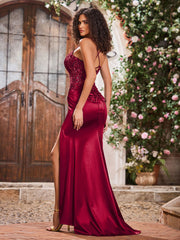 Spaghetti Straps Corset Bodice Stretch Satin Gowns With Slit Burgundy