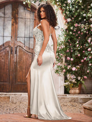 Spaghetti Straps Corset Bodice Stretch Satin Gowns With Slit Ivory