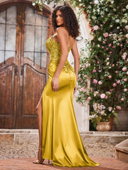 Spaghetti Straps Corset Bodice Stretch Satin Gowns With Slit Marigold