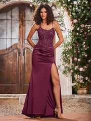 Spaghetti Straps Corset Bodice Stretch Satin Gowns With Slit Mulberry