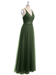 Long Tulle Dress with Deep V Neck Satin Sash Decor Olive Green