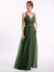 Long Tulle Dress with Deep V Neck Satin Sash Decor Olive Green