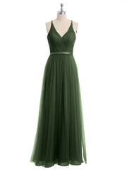 Long Tulle Dress with Deep V Neck Satin Sash Decor Olive Green