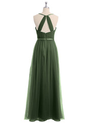 Long Tulle Dress with Deep V Neck Satin Sash Decor Olive Green