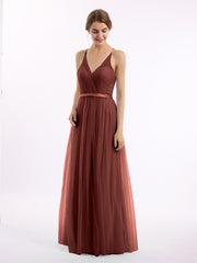 Long Tulle Dress with Deep V Neck Satin Sash Decor Terracotta