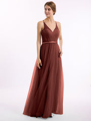 Long Tulle Dress with Deep V Neck Satin Sash Decor Terracotta