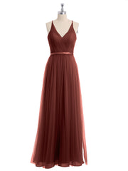 Long Tulle Dress with Deep V Neck Satin Sash Decor Terracotta