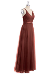 Long Tulle Dress with Deep V Neck Satin Sash Decor Terracotta